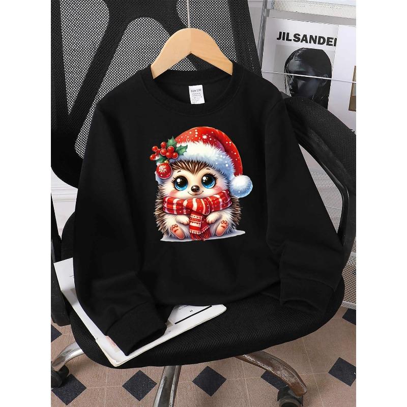 Boys & Girls Crewneck Sweatshirt, Christmas Hedgehog Santa Hat Scarf Holly Berry Print,Casual Sportswear for Spring & Autumn
