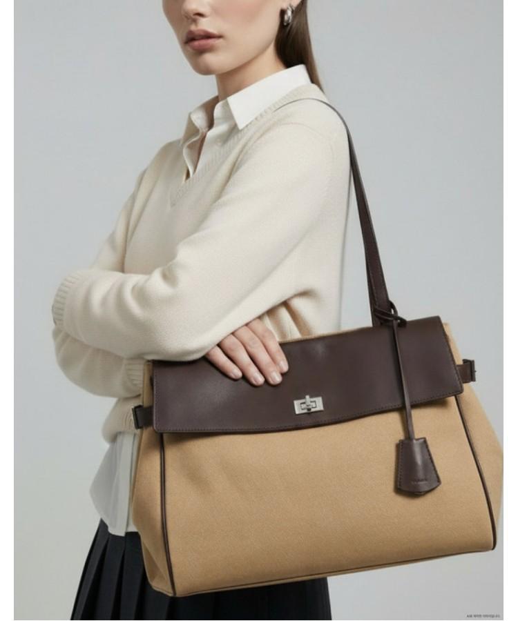 Hazzys Women Acc Aura Commute Brown Canvas Leather Combination Shoulder Bag L Hiba6E159I2