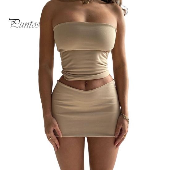 Women's Two Piece Skirt Set Strapless Bandeau Tube Crop Top And Bodycon Mini Skirt Set Summer Sexy Club Outfit