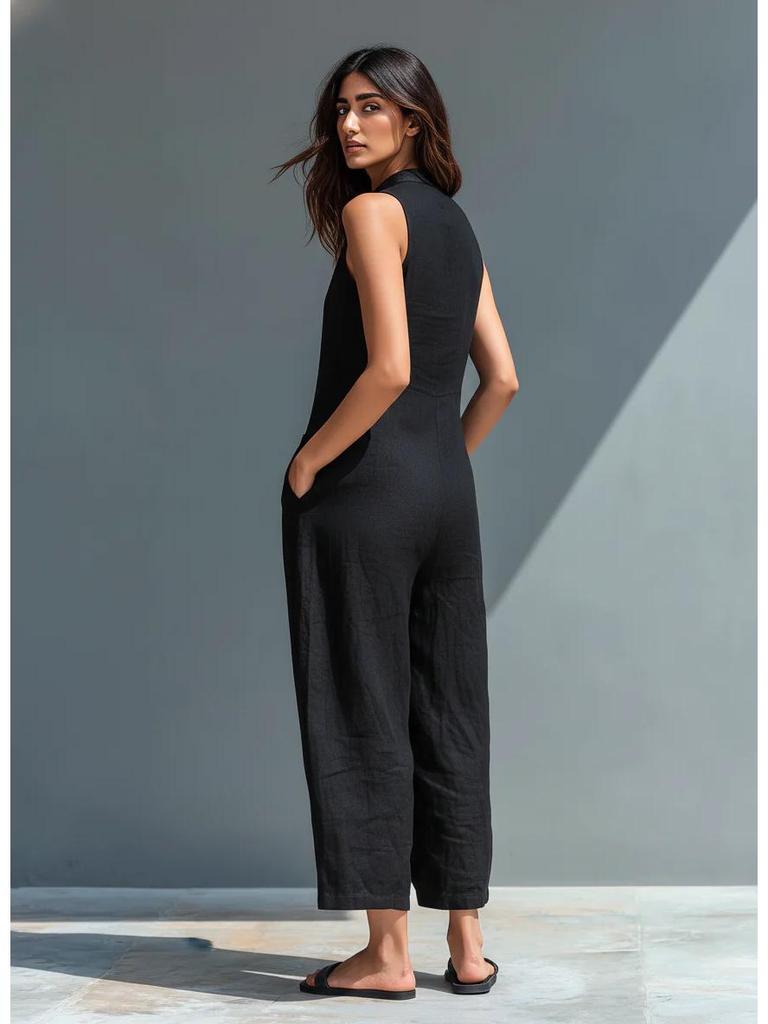 Europäischer und Amerikanischer Damen Ärmelloser Hemdblusen-Jumpsuit aus Leinenmischung mit Weitem Bein