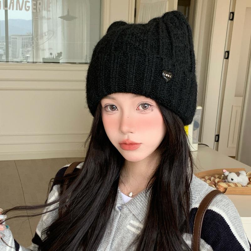 Japanese Cat Ears Sweet and Cute Baotou Hat Autumn and Winter Hat Women's Big Head Circumference Shows Face Small Versatile Knitted Woolen Hat