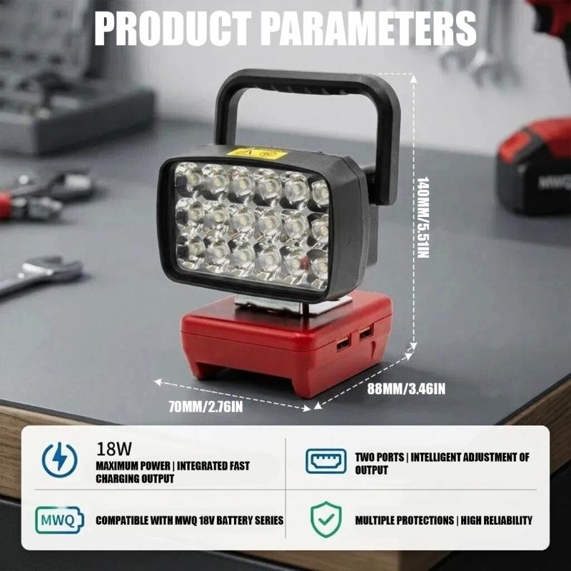 Battery Powered LED Work Light Bar With Double USB Port For MWQ 18V 48-11-1835 Batteries for Camping Mobile Charging