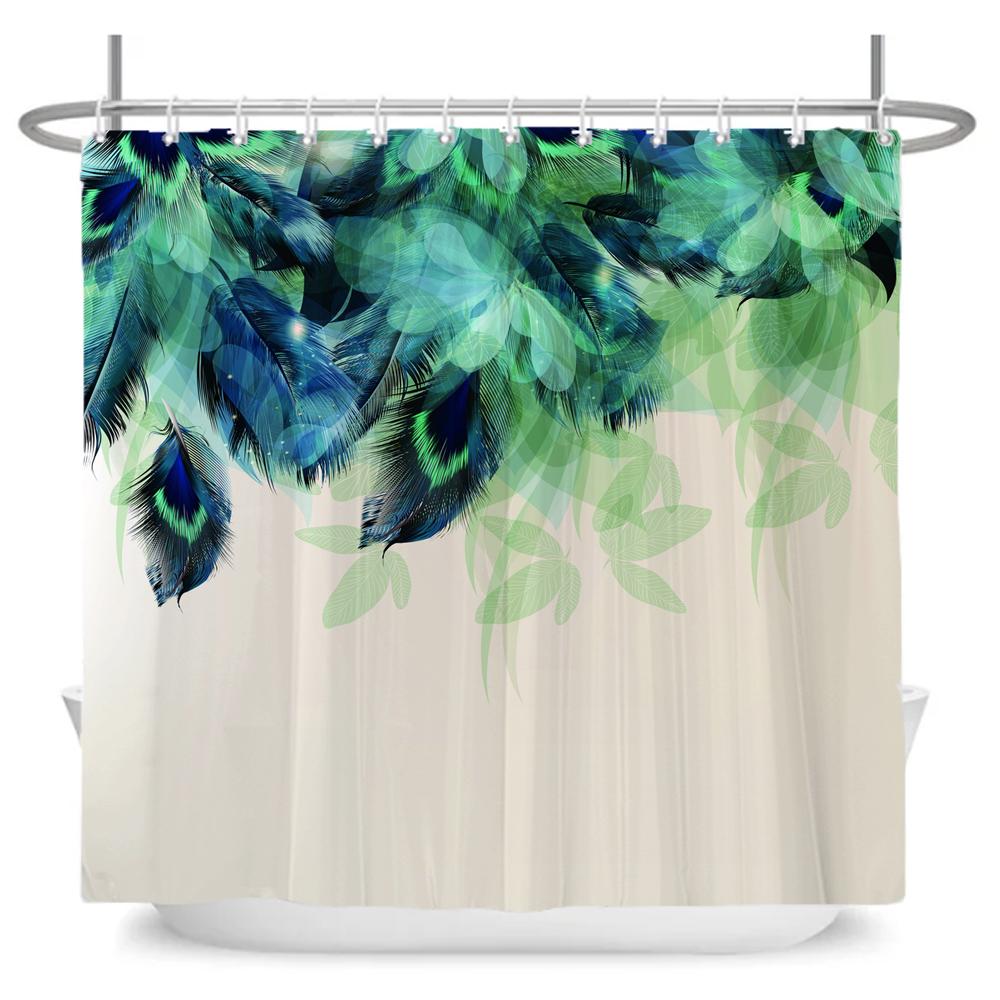 Feather Shower Curtains Printed Fabric Watercolor Flowers Bathroom Waterproof Polyester Bath Curtain Home Decoration with Hooks