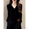 Korean-Style V-Neck Ribbed Hem Pullover Top