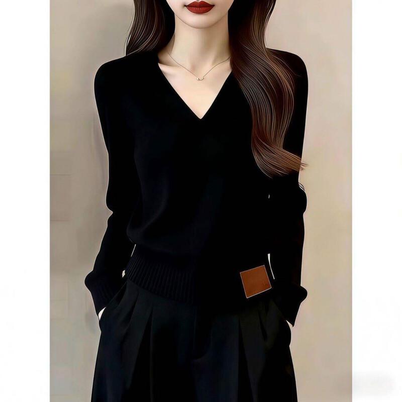 Korean-Style V-Neck Ribbed Hem Pullover Top