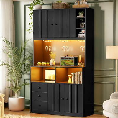 180 Cm Kitchen Cabinet, Tall Cabinet with LED, Kitchen Shelf with Socket, Wine Rack and Display Cabinet for Kitchen & Dining Room
