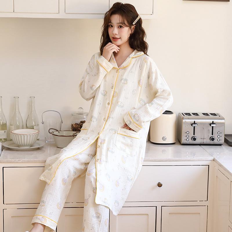 Baumwoll-Musselin Umstandspyjama-Set - Frühling/Herbst Stillnachthemd mit Hose