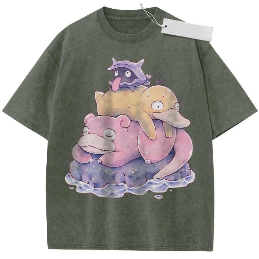 T Shirt Sports T Shirt Short Sleeve T Shirt Multi Color Unisex Pure Cotton Washed Retro Pokemon Snorlax Psyduck Porygon Print