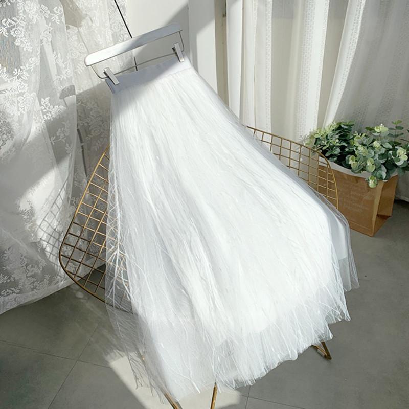 Women's High Waist Black Mesh A-line Midi Tulle Skirt