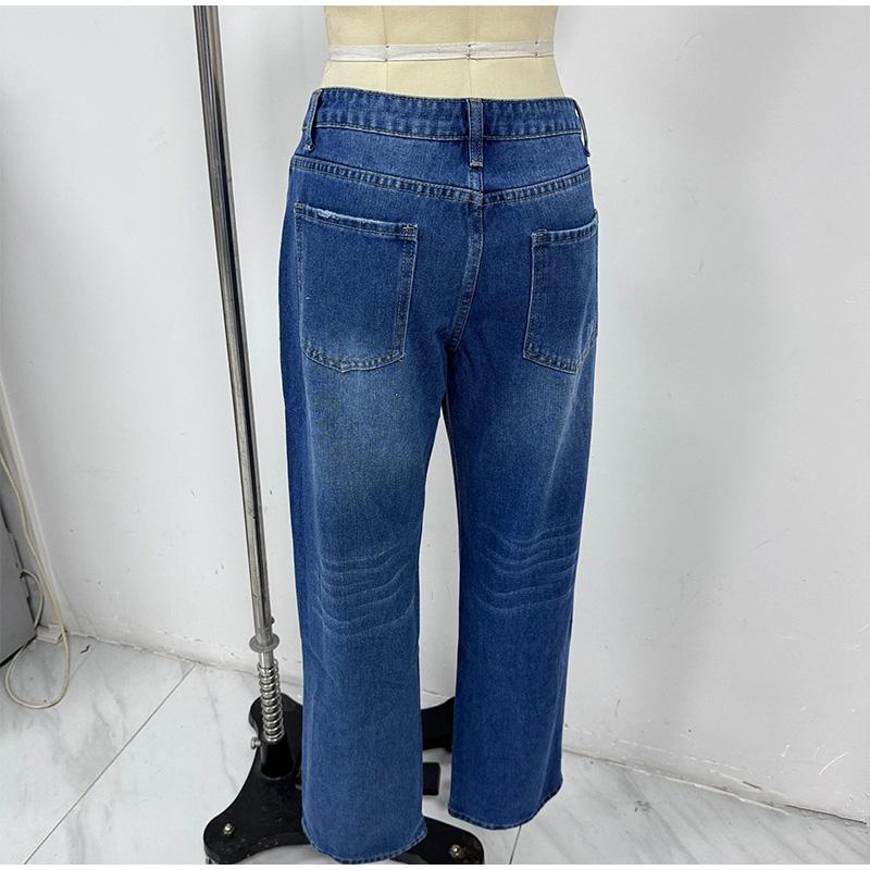 Damen Loch Jeans Vintage Ripped Denim Straight Pants 2025 Streetwear Bodenlang Mittlere Taille Gewaschen Distressed Damen Hose