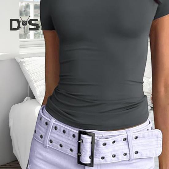 Dámské tričko s kulatým výstřihem a krátkým rukávem, jednobarevné tričko, slim fit, letní pulovrové topy, do práce, pro každodenní nošení