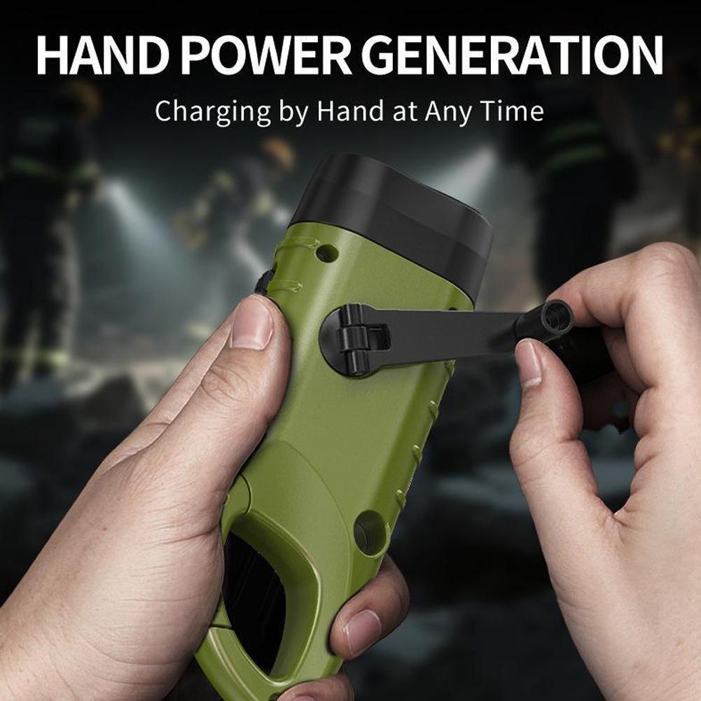 LED Flashlight Hand Crank Solar Powered Rechargeable Survival Gear Self Powered Charging Torch Dynamo for Fishing Boating Hiking
