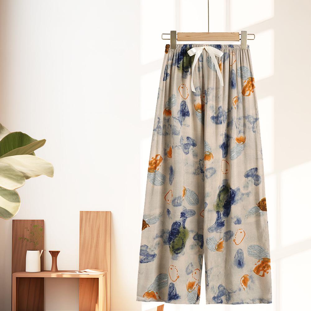 Women's Pajama Bottoms Floral Print Cuff Pants Wide Leg Pj Pants Elastic Waist Sleep Pants Loungewear Nightwear