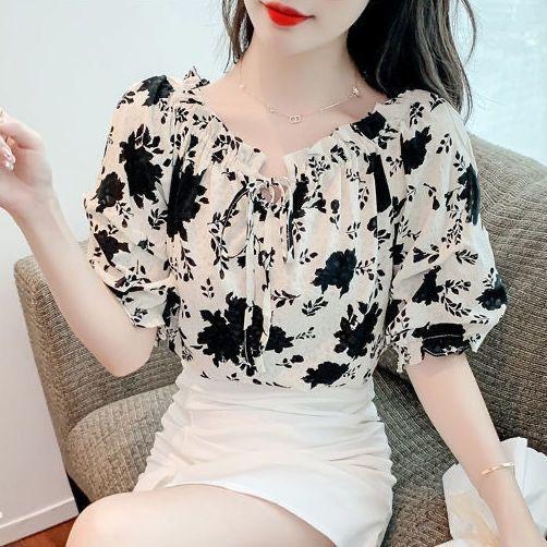 

Новый летний женский топ с короткими рукавами на шнуровке и принтом на одно плечо и цветок, женская шифоновая нижняя рубашка XXXL чёрный