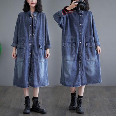 Damen Herbst und Winter Große Größe Lockere Jeansjacke Langes Lässiges Jeanshemd Verwaschenes Vintage-Hemd