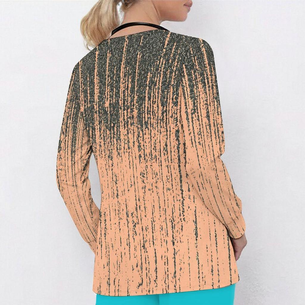 Women Plus Size Blue Pink White Printed V Neck Long Sleeve Nurse Scrub Top With Front Pockets