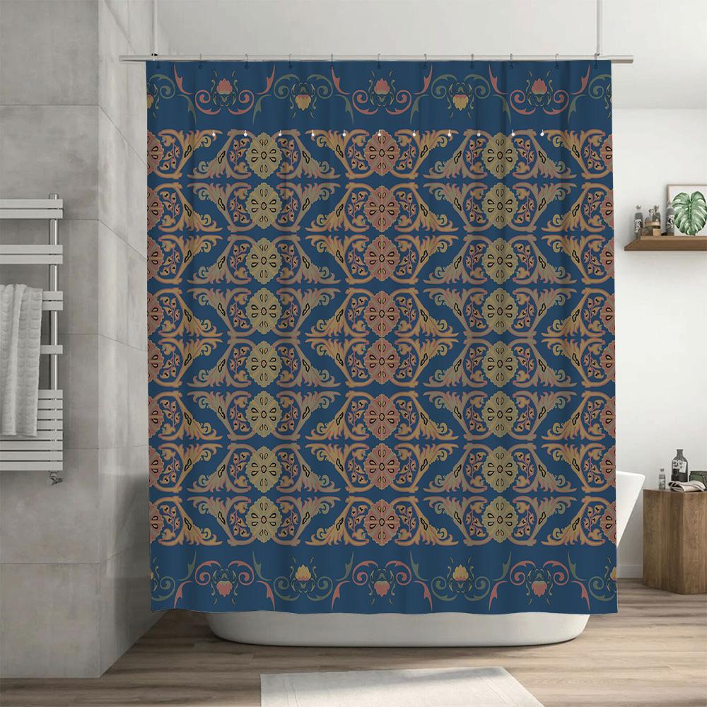Blue Floral Pattern Shower Curtain With Metal Hook For Bathroom Decoration