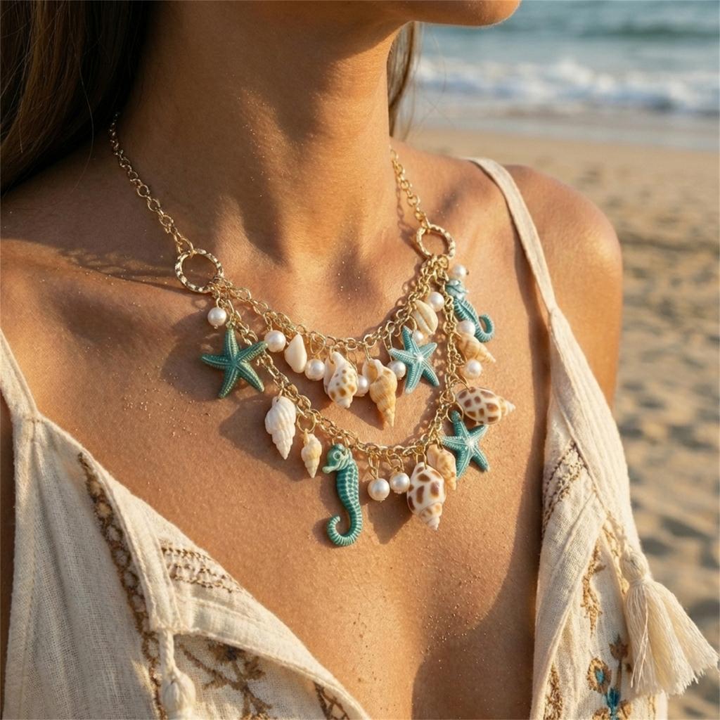 Boho Exaggerated Starfish Conch Pendant Necklace for Women Seahorse Shell Imitation Pearl Metal Chain Choker Beach Party Jewelry