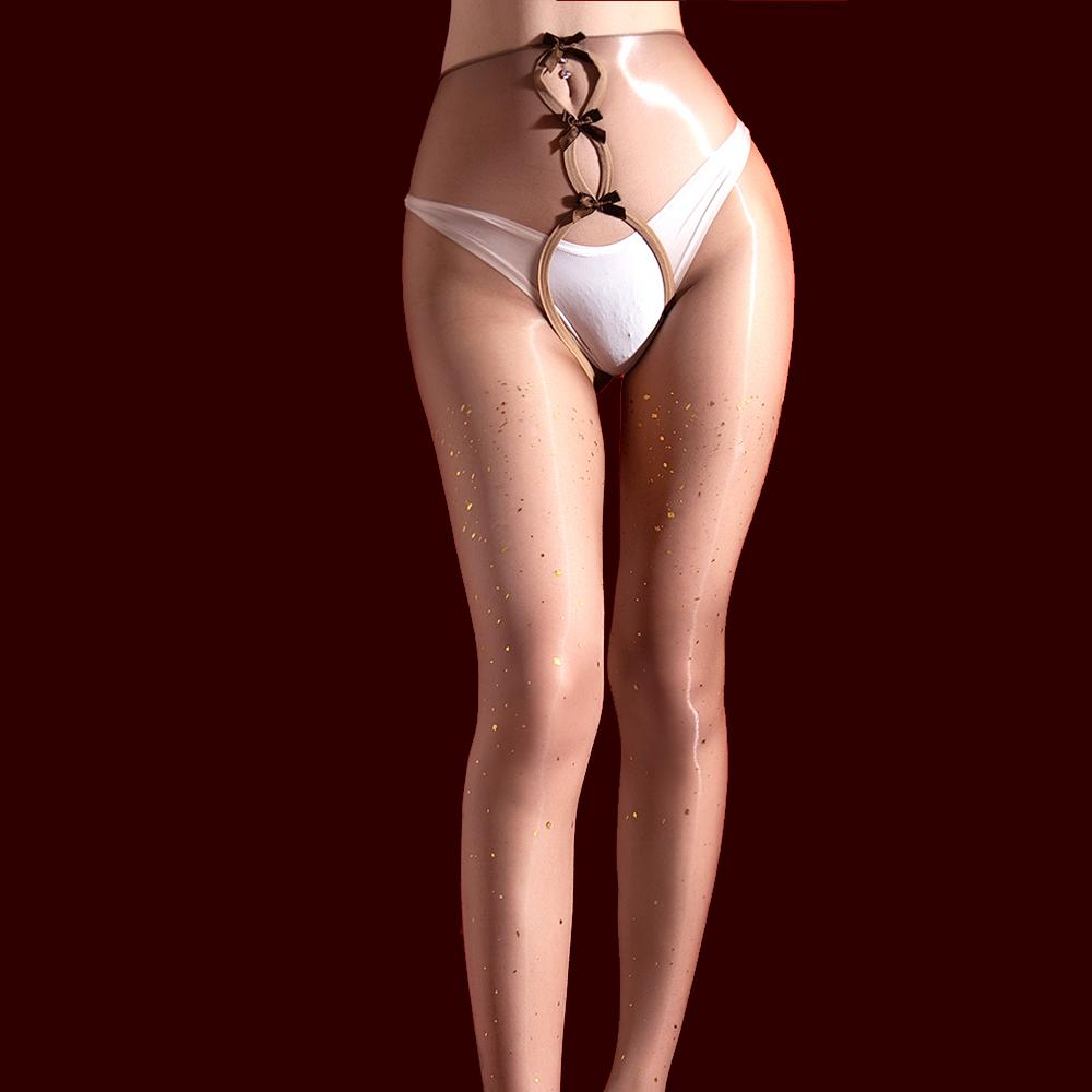 Women 1D Dot Thin Hollow Out Pantyhose Oil Glossy Shiny Open Crotch Elastic Stockings Sheer See Through Maid Dance Stockings