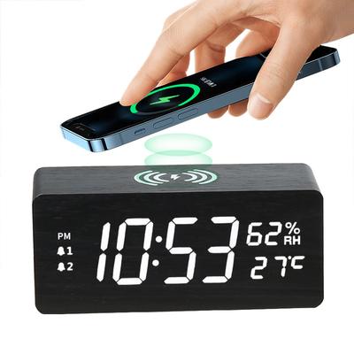 Temperature and Humidity Wooden Wireless Charging Clock Multi Function Intelligent Luminous Mute Wooden Clock Wireless Fast Charging