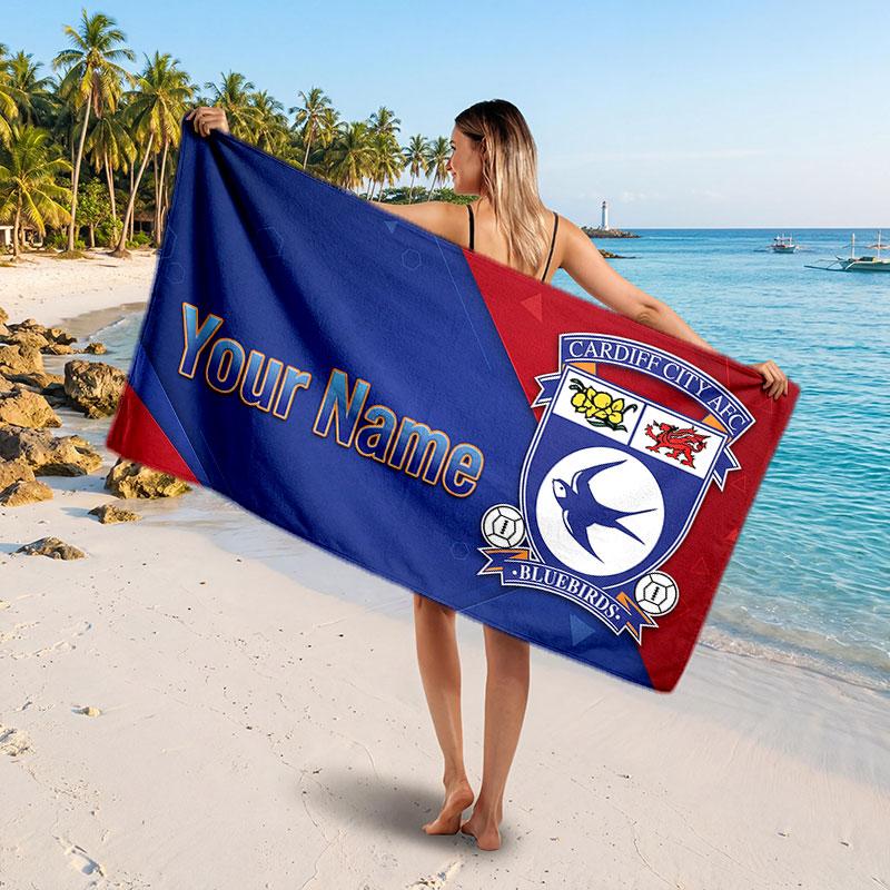 Cardiff City Custom Beach Towel, Personalized Name Text Print, Football Logo Soft Quick‑Dry Towel Holiday Gift