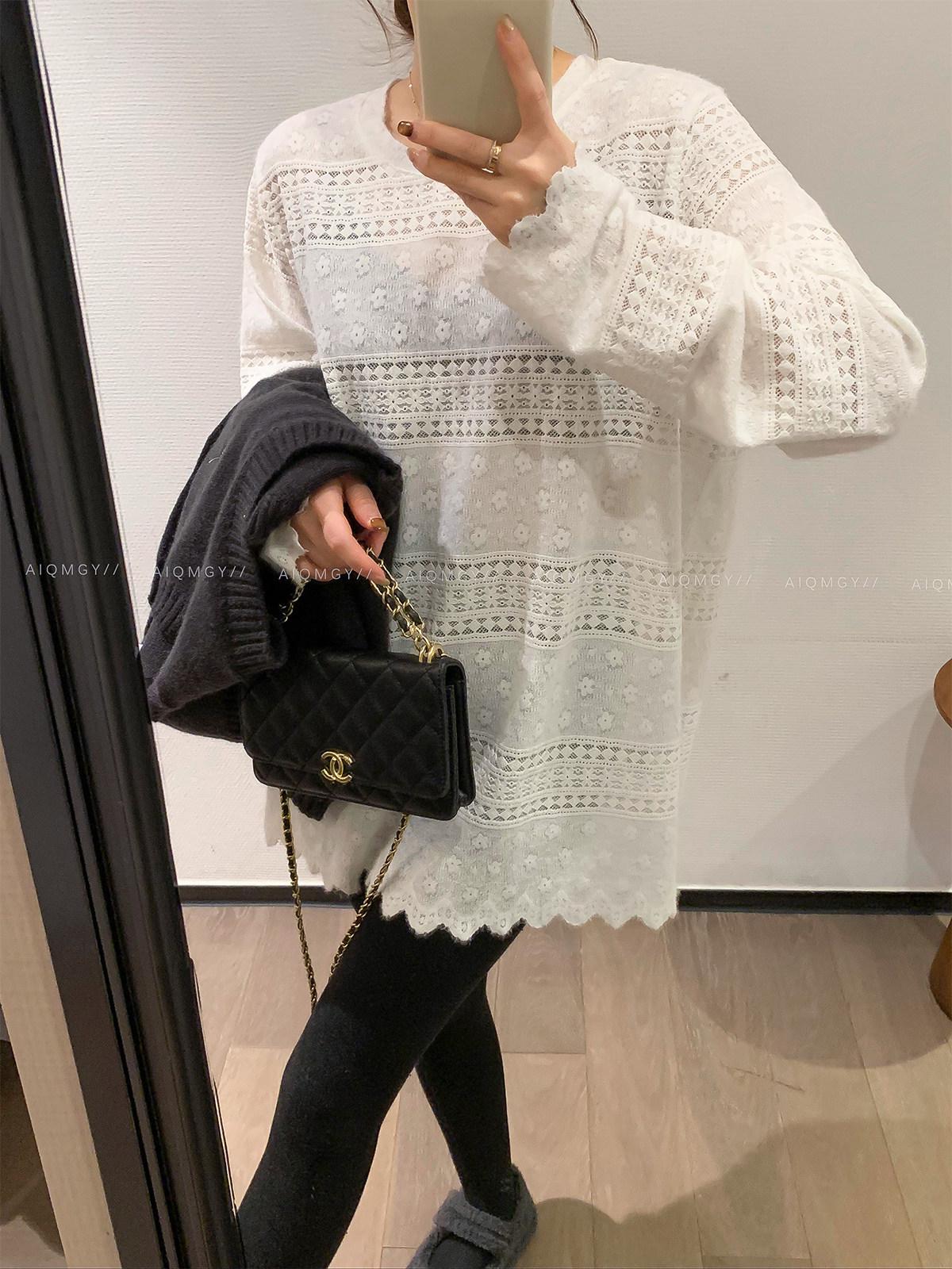 Women s Off-White Floral Lace Trim Long-Sleeve Loose T-Shirt - Spring 2026 One Size белый