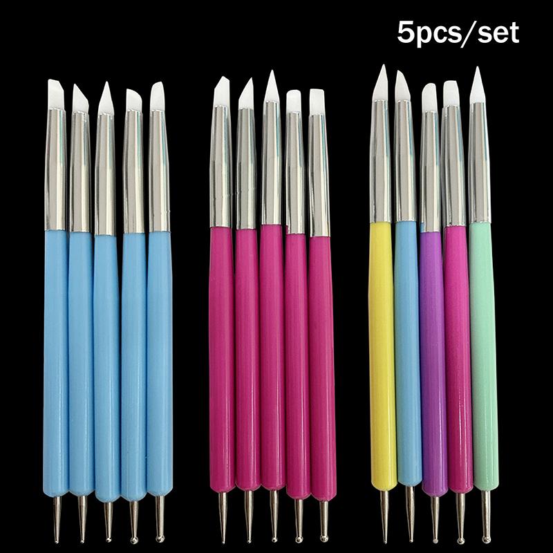 5Pcs 2 Way Nail Art Acrylic Silicone Point Flower Nail Pen Stainless Steel Dotting Tools Marbleizing Painting Pens