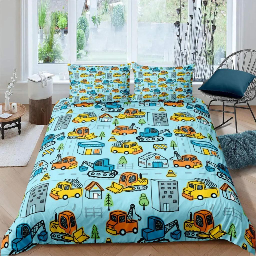 Cartoon Tractor Trucks King Queen Duvet Cover Construction Vehicle Bedding Set Excavator Quilt Cover Polyester Comforter Cover