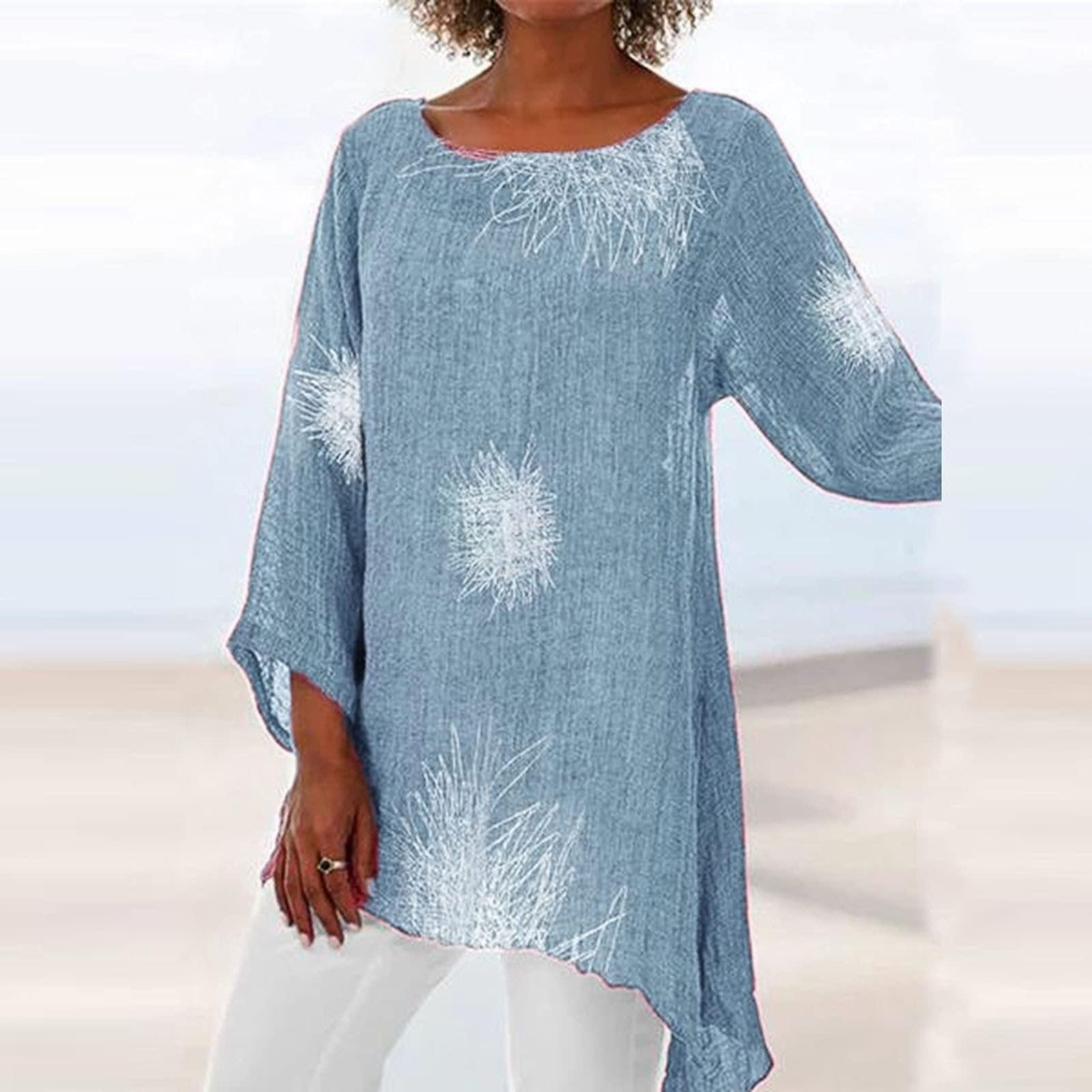 

Женская высокая низкая туника Топ с коротким рукавом Футболка с круглым вырезом Блузка с цветочным принтом L синий