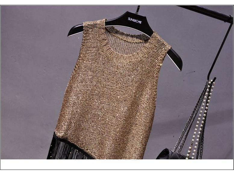 2019 Korean Style Sequin Tassel Spaghetti Strap Vest - Gold Thread Sleeveless Knitted Top for Women