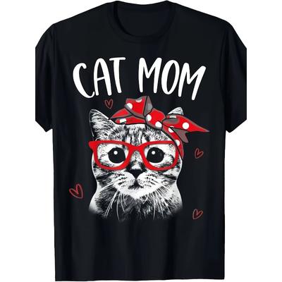 Women Cat Mom Graphic T-Shirt Round Neck Short Sleeve Red Bow Hearts Vintage Cat Lover Mother's Day Summer Casual Top