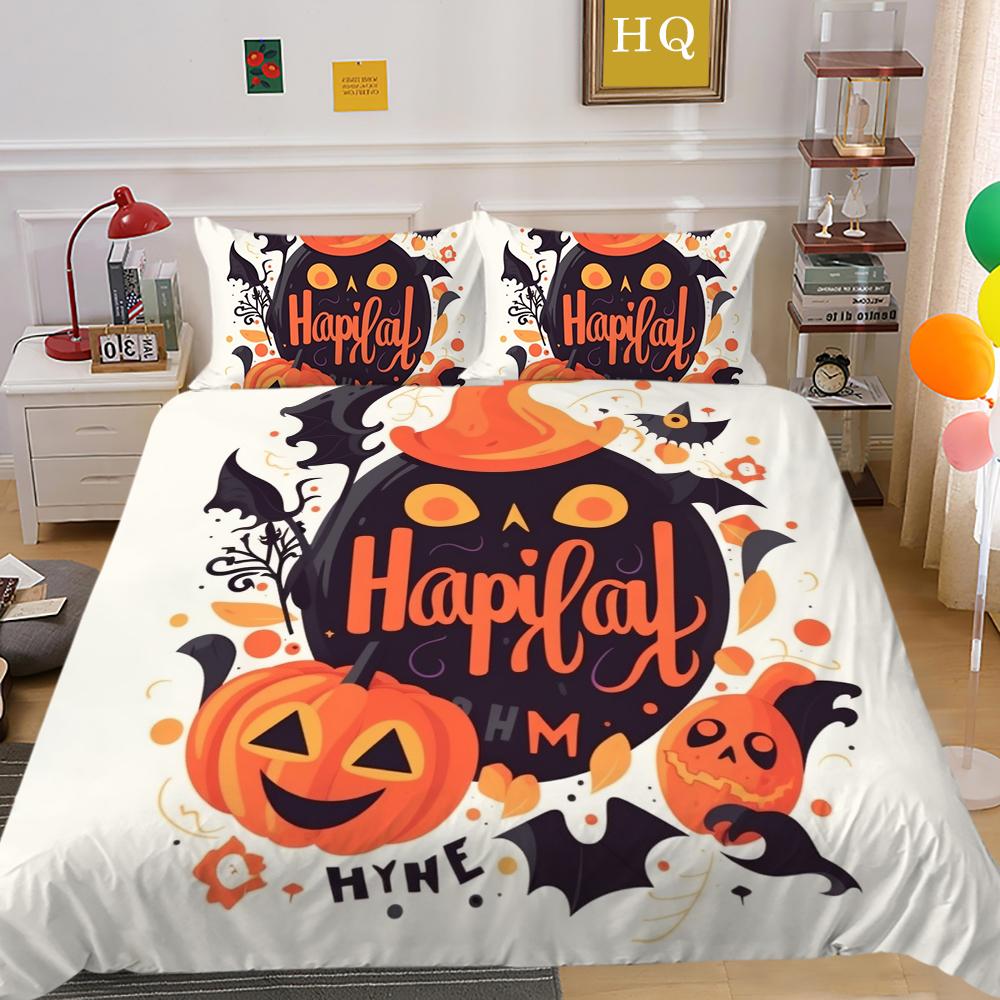 3D Halloween Home Bedding Set Pumpkin Ghost Quilt Cover Pillow Case 2/3 Pieces AU220 * 240 Full Size Soft and Easy To Clean Bedroom Decoration