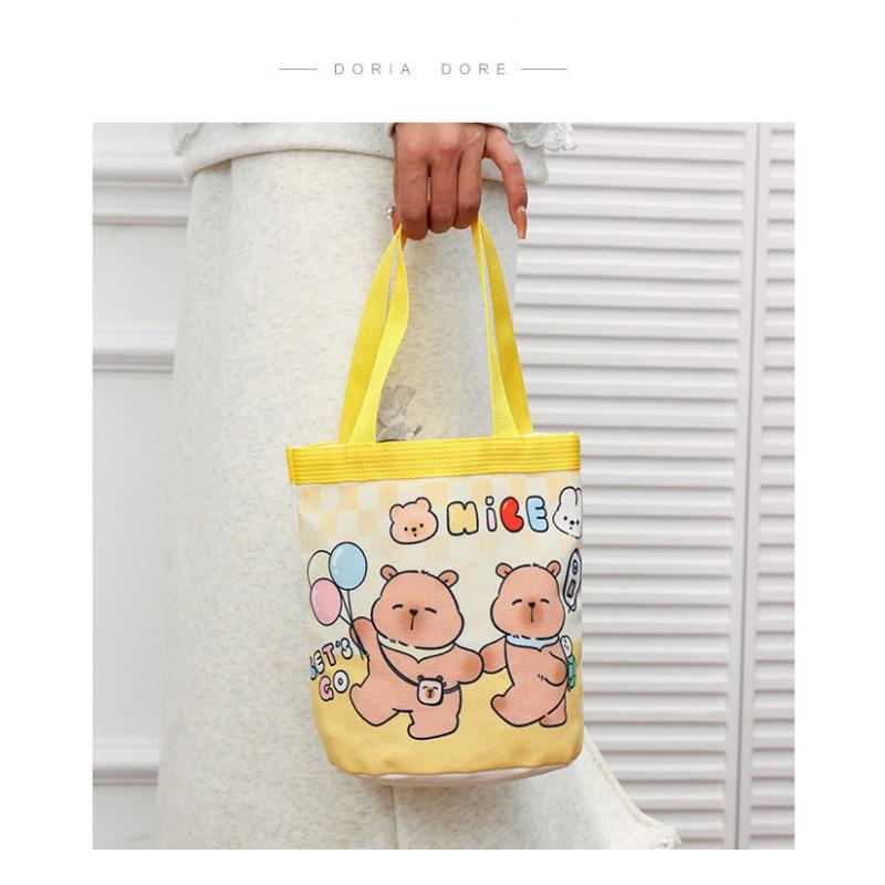 Canvas Bucket Bag Cute Graffiti Childlike Illustration Hand-held Bucket Mommy Storage Bag Bento Bag Work Small Bag