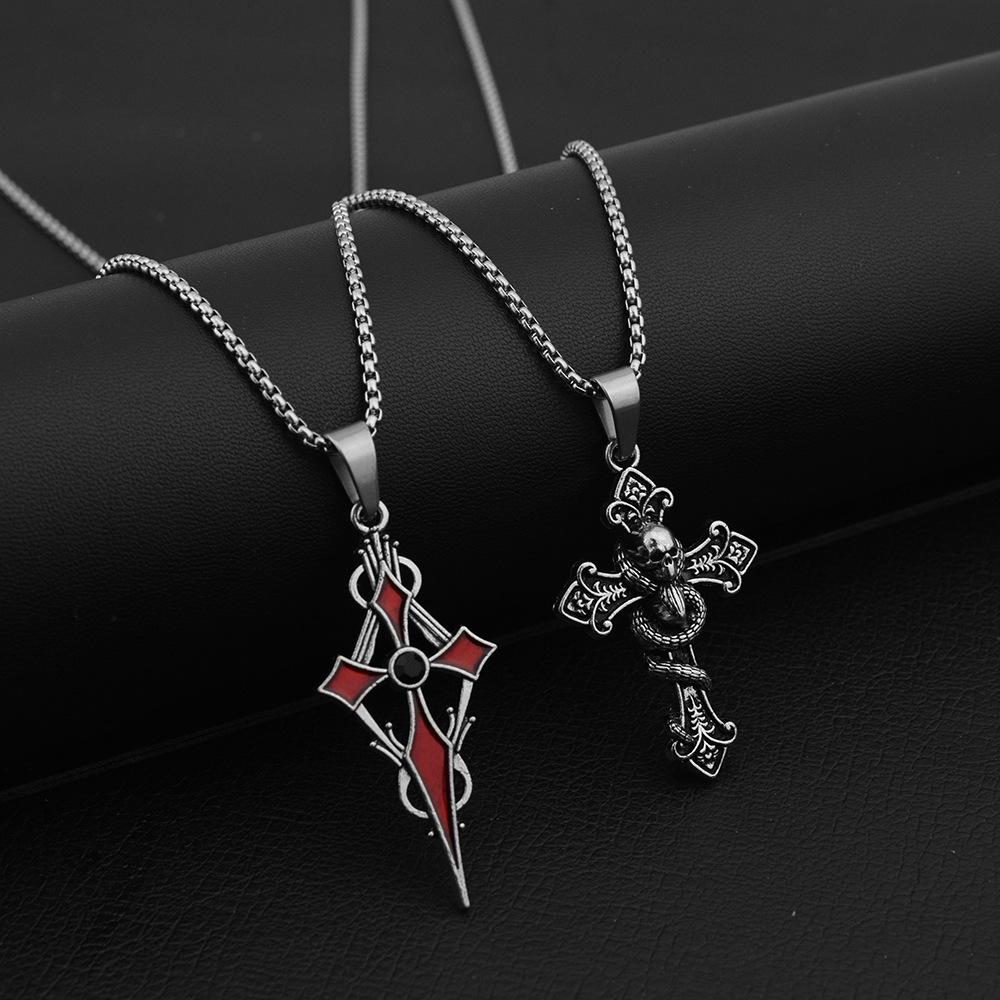 Red Diamond Cross Skull Cross Pendant Necklace Dark Wind Men's and Women's Same High-end Jewelry