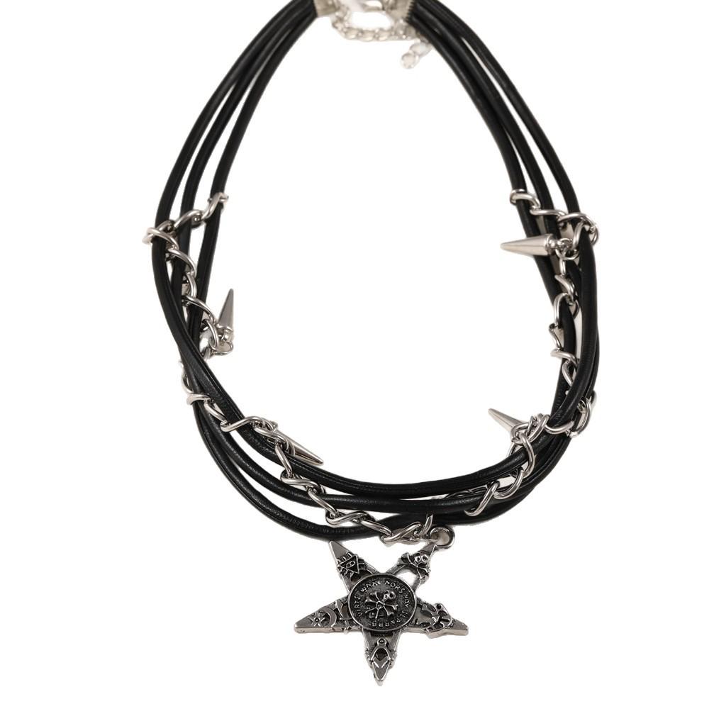 Dark Style Pentagram Leather Choker - Rivet Punk Clavicle Chain for Cool Couples and Hip Hop Trendsetters