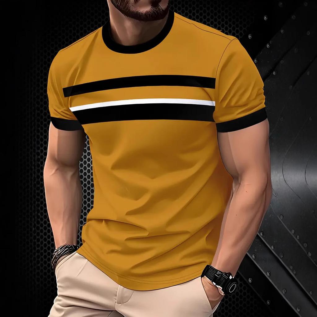 Summer Round Neck Color - Block & Striped 3D Print Top Fashionable Casual Short Sleeved Men's T-shirts