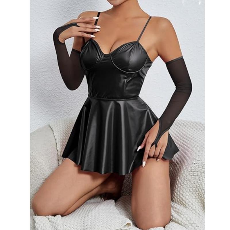 Plus Size Women Sexy Lingerie Wetlook Leather Dress Straps Shiny Latex Erotic Dress Push Up Bra Bag Hip Skirt Babydolls Clubwear
