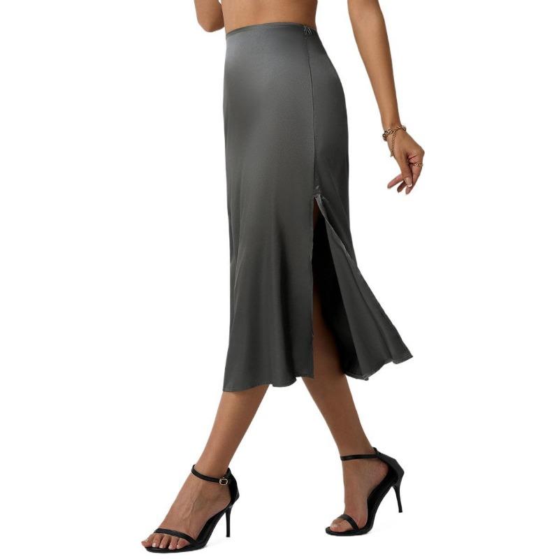 Damen Satinrock Sommer Lang Schlitz Professioneller A-Linien-Rock High Waist Rock