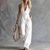 Sommer Damen Jumpsuit V-Ausschnitt Ärmellos Knopfleiste Vorne Lässig Locker Weites Bein Hosen Damen Langer Romper Overall mit Dual