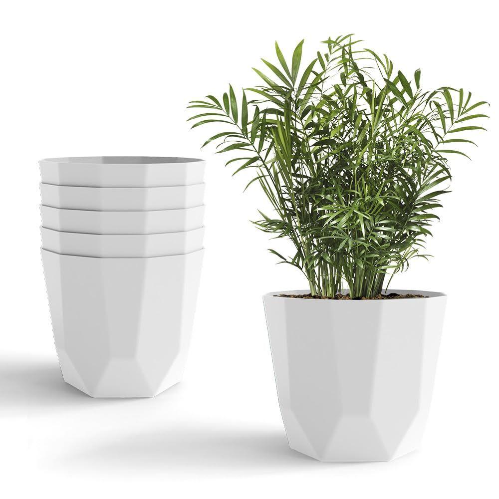 Hexa Plastic Flower Pot with Drainage Holes Round Planter Pot Suitable for Indoor Outdoor Kitchen Garden (White, 12 INCH - 6 Pcs)