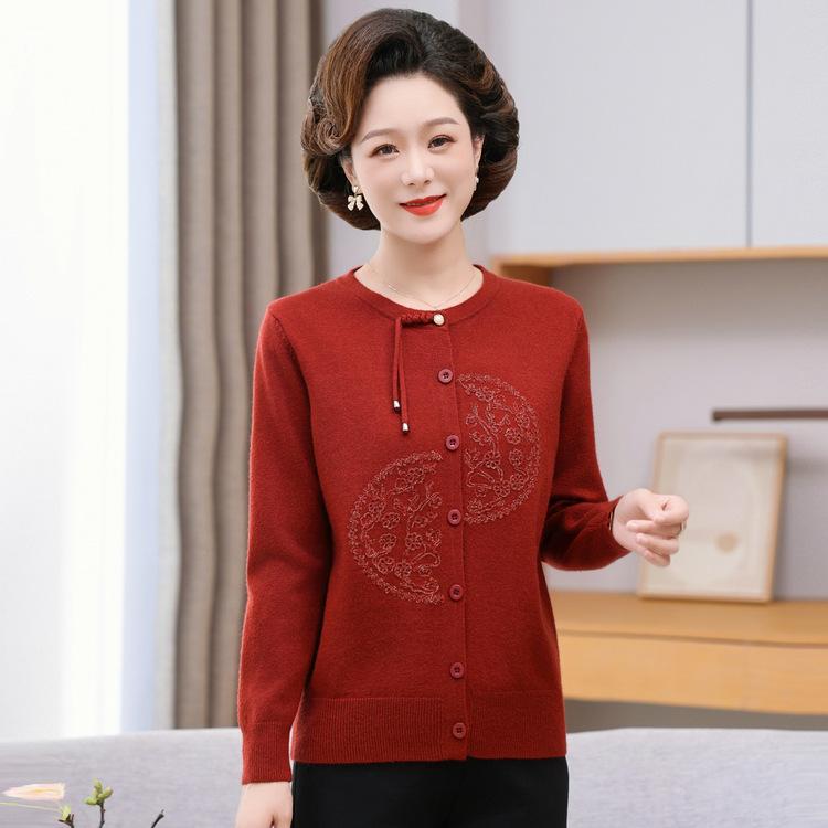 Middle-aged New Year's Eternal New Year's Eternal Burgundy Knitted Base Shirt New Chinese Style Mother Sweater