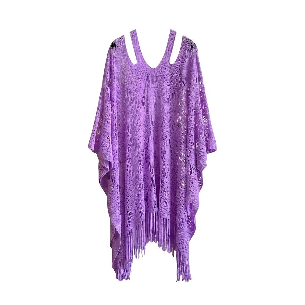 Tassels Knit Hollow Out Top Plus Size Summer Beach Cloak Simple Crochet Top Women  Streetwear фиолетовый