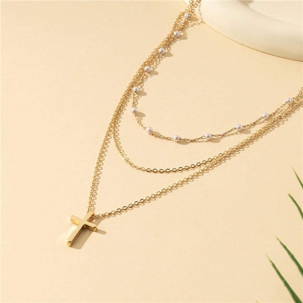 1 Three-layer Cross Pendant Necklace Pearl Decorative Alloy Material To Participate In The Banquet Light Luxury Light Luxury Style