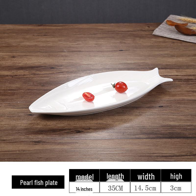Oval Ceramic Japanese-Style Fish Serving Plate - Pure White Pearl Design for Restaurants