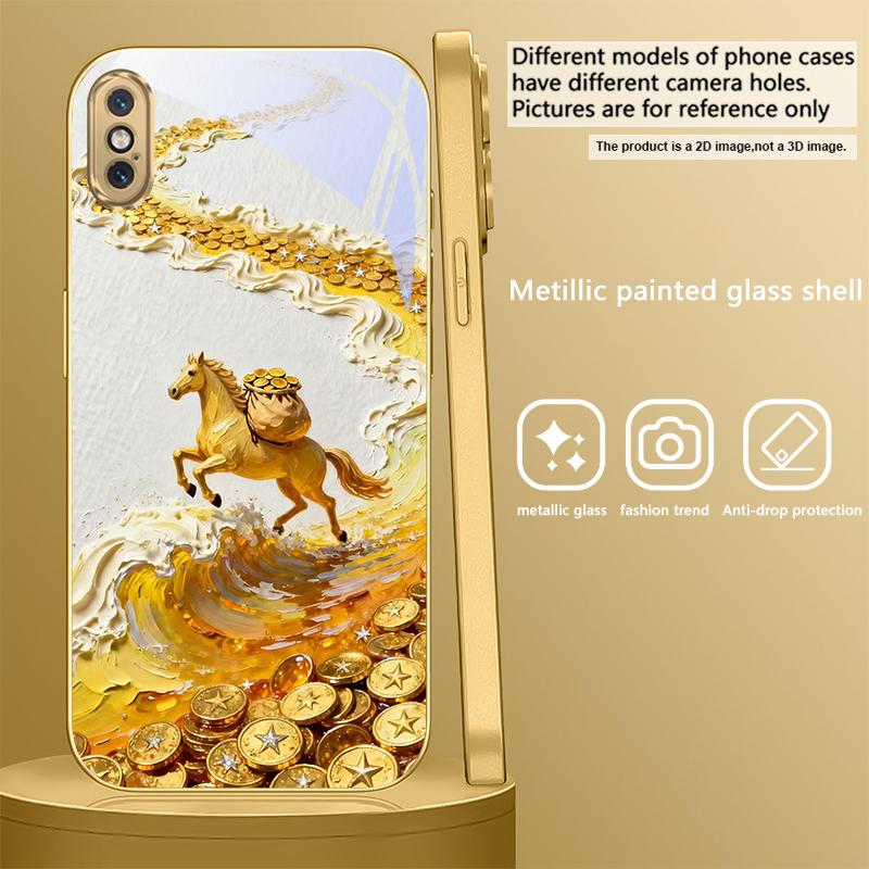 golden galloping horse For IPhone 17Pro Max 16 17 Pro 15 Pro 14 13 Plus 12 Mini 11Pro Max XR 16E 17 Air Golden glass phone case