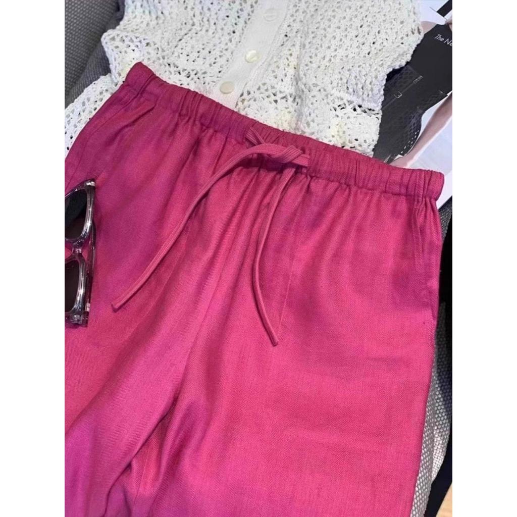 Rose Red Linen High-Waisted Wide-Leg Pants for Women - 2025 Summer Collection