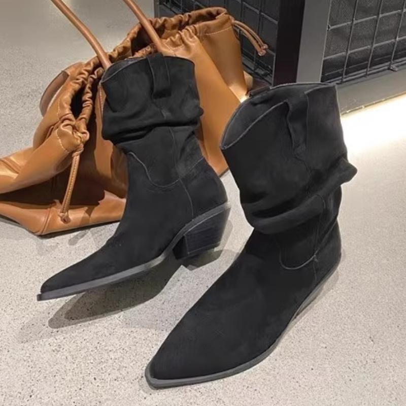 

Модные женские модные ботинки плиссированный замшевый дизайн женские модные ботинки 2025 новый стиль высокий каблук острый носок ботильоны женские 40 чёрный