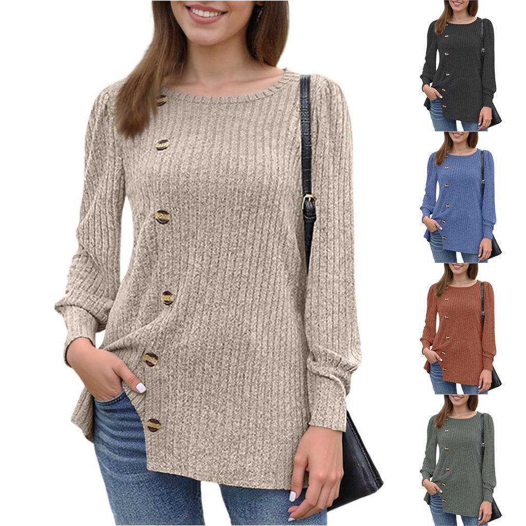 Women's Fashion Square Neck Solid Color Fleece Long Sleeve Decorative Button Hem Split Top