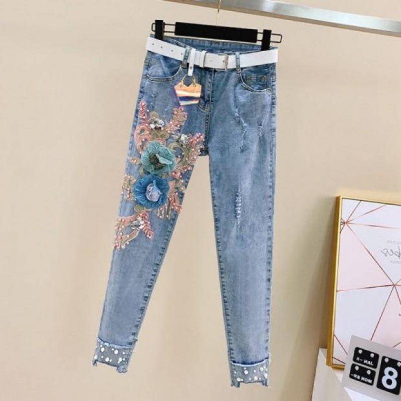 Sommer Mode Frauen Lose Stickerei Kurzarm Top und Cropped Jeans Anzug Casual Zwei-stück Set Weibliche Plus Größe