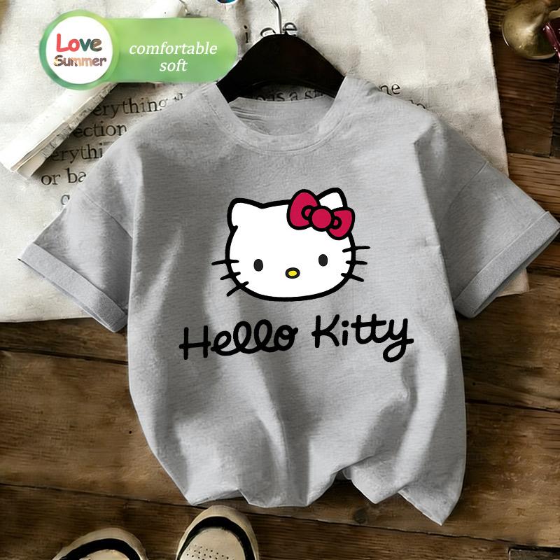 Kitty cat Print T-Shirt 4 to 14 years girls Short-Sleeved back to school Casual Top Suitable for 2026 Summer Spring